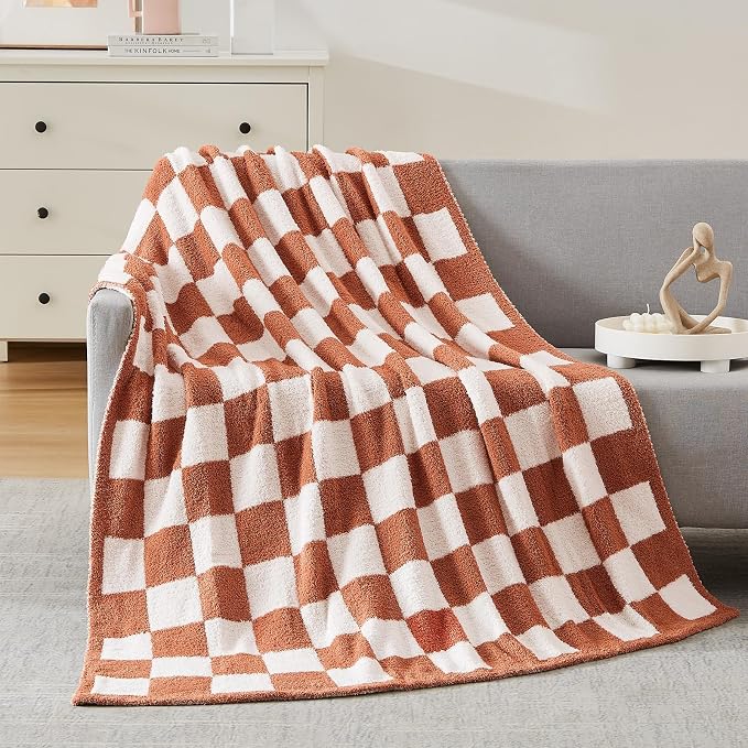 Soft Checkered Throw Blanket for Couch-Cozy Warm Knitted Blankets | Lightweight Warm Fluffy Decor for Women, Mom, Her & Girls, Sofa, Chair, Bed, 50x60in,Autumn Leaf Orange