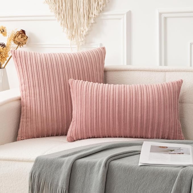 UGASA 14x24 Inch Pillow Cover Pack of 1 Valentine's Day Soft Boho Stripe Corduroy Long Rectangular Lumbar Cushion Cover Decorative Throw Pillows for Bed, Couch, Sofa, Bedroom, Living Room, Baby Pink