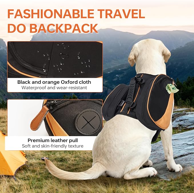 Dog Backpack for Medium & Large Dogs, Detachable Side Bags, Quick-Poop Bag Dispenser | No-Pull Adjustable Harness for Large-Chested Breeds | Non-Slip Handle for Hiking, Walking, Outdoor Adventures（L）