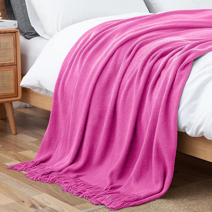 Vonty Hot Pink Knitted Blanket with Tassels Fringe 60" x 80", Super Soft Knit Throw Blanket, Farmhouse Decorative Lightweight Blanket for Couch, Sofa, Bed | Super Soft And Lightweight, Year-Round Cozy Warmth, Farmhouse Decorative Style, Machine Washabl...