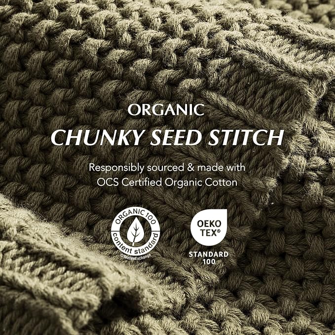 Organic Cotton Chunky Knit Throw Blanket, 50 x 60 Olive Green | OCS Certified Organic Cotton, Seed Stitch Knit, Soft & Breathable, Cozy Midweight, Decorative Throw for Couch, Bed & Sofa