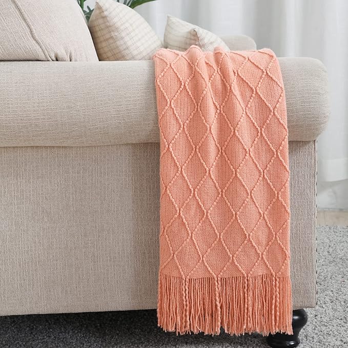 BOURINA Orange Throw Blanket 50x60Inch Boho Knitted Soft Throw Sofa Blanket | Knitted Throw Blanket 50x60 Inches, Soft Lightweight Boho Weave Throw Decorative Couch Blanket for Living Room Bedroom Chair