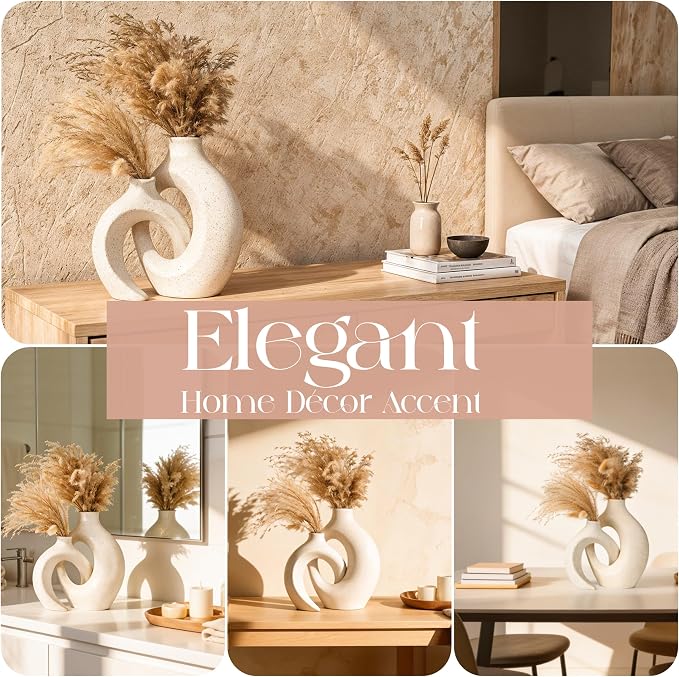 Set of 2 Elegant Donut Style Ceramic Vases – Boho Nordic Romantic Hugging Flower Decorative Vases for Pampas Grass, Bedroom, Living Room, Mantle, Book Shelf, Entryway Table 8.4 Inch Beige