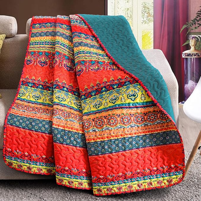 Exclusivo Mezcla Reversible Boho Quilted Throw Blanket, 50"x 60" | Lightweight Summer Quilt Throw, Designed for Bed/ Couch/ Sofa, Red and Teal Striped Pattern