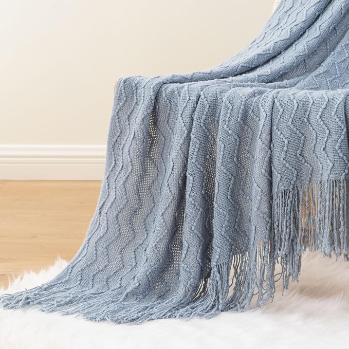 BATTILO HOME Throw Blanket for Couch, Textured Knit Throw, Bluish Grey Throws for Home Decor, Soft Blanket Throw for Bedroom Decor Housewarming Gifts, 50"x60"