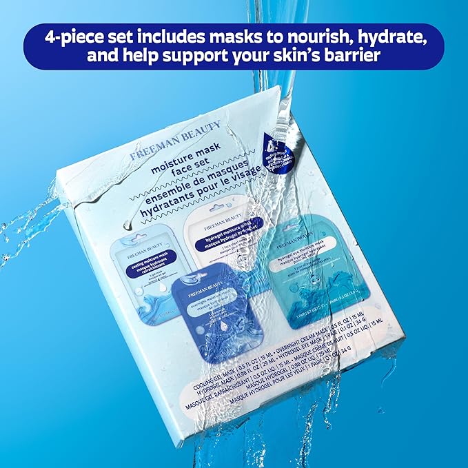Freeman 4 Piece Moisture Mask Face Set, Hydrating Face Masks & Under Eye Mask For Puffy Eyes, Hydrogel Masks For Dry Skin, Hyaluronic Acid, Travel-Friendly, Vegan & Cruelty Free Skincare