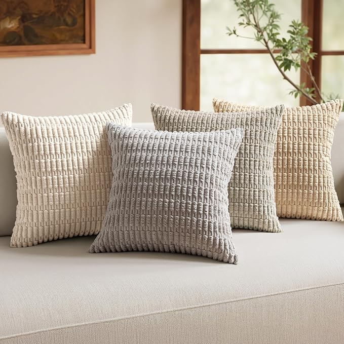 MIULEE Pack of 4 Corduroy Throw Pillow Covers 18x18 Inch Beige and Brown | Neutral Rustic Farmhouse Boho Soft Striped Pillow Covers,Home Decor for Sofa,Living Room,Couch,Bed