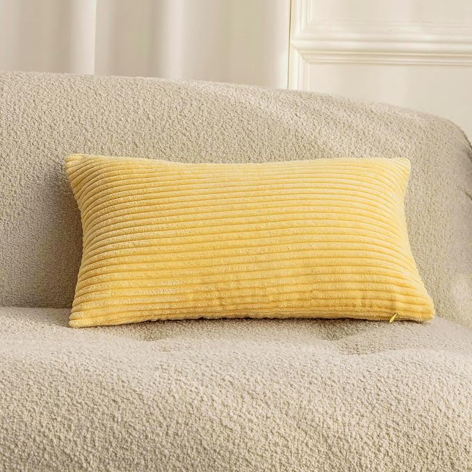 Home Brilliant 12x20 Pillow Cover Soft Lumbar Throw Pillow Cover Yellow Corduroy Striped Pillow Case for Bench Bedroom Living Room Summer Decor, 12 x 20 inches, 30cm x 50cm, Light Yellow