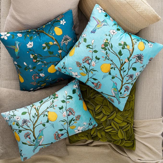 MUSSEL Light Blue Floral Vintage Decorative Pillow Covers 18x18 Set of 2 | Soft Velvet,Wild Flower Plant,Throw Pillows Case,Square,Colorful Farmhouse Cushion Covers,Home Sofa Bed Couch Decor
