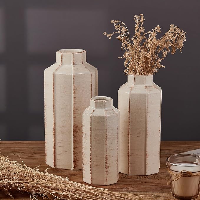 Ceramic Rustic Farmhouse Vase Set of 3,Ice Cracked Glazed Terracotta Vase | Large Vases for Decor,Fall Decoratiion Vases for Home, Table, Living Room, Shelf
