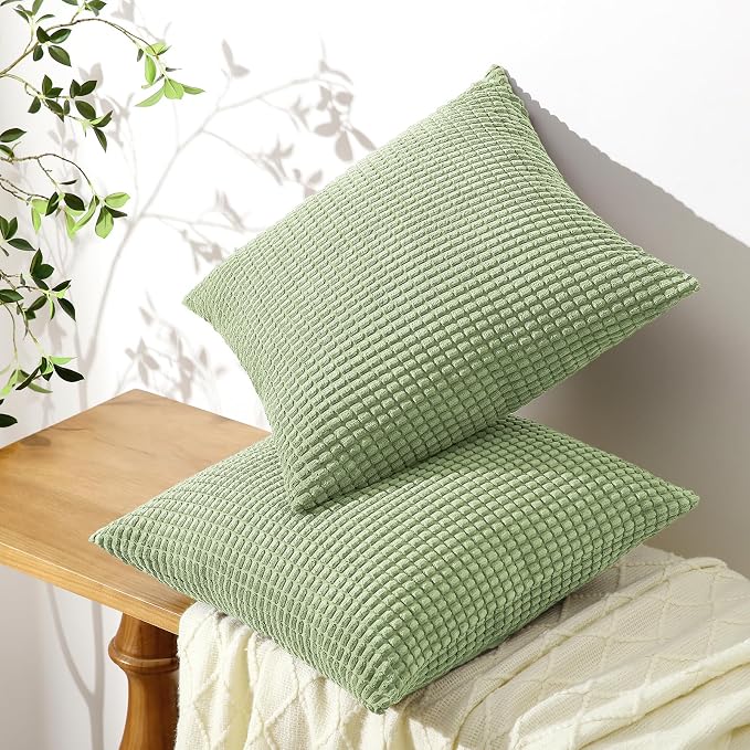 Softalker Corduroy Decorative Throw Pillow Covers 20x20, 2 Pack, Sage Green | Soft Boho Striped Pillow Cases, Couch Fluffy Cushion Covers for Farmhouse Home Decor Bed Living Room