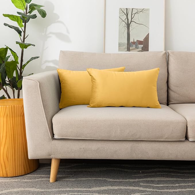 NiNi ALL Yellow Velvet Throw Pillow Covers 12x20 Pack of 2 Decorative Couch | Soft Solid Cushion Squar Pillow Cases for Chair Sofa Bedroom Farmhouse Living room Modern Luxury Home Decor Fall Halloween
