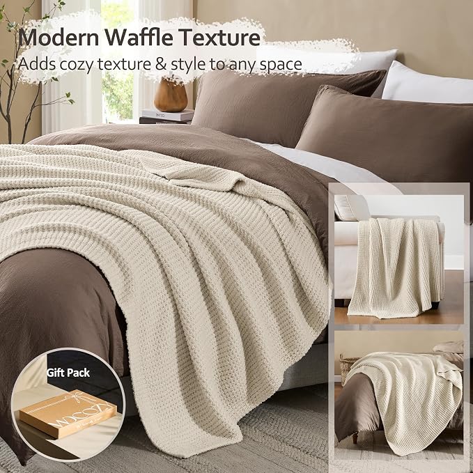 WDCOZY Ivory Waffle Throw Blanket for Couch Bed, Reversible Super Soft Plush Knitted Blanket, Lightweight Cozy Fuzzy Fluffy Warm Throw for Sofa Chair, Textured Blanket for Home Decor, Cream 60"x80"