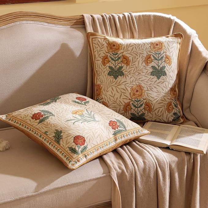 patdrea Vintage Linen Throw Pillow Cover,18"x18",Set of 2-RosaSilvestre B | French Decorative Pillow Case with Zipper,Yellow Floral Pattern,Cushion Coverfor Couch Living Room Bedroom