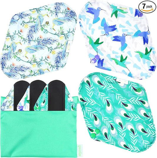 wegreeco Reusable Menstrual Pads - Reusable Sanitary Pads | Reusable Panty Liners | Soft Cloth Menstrual Pads - 6 Pack with 1 Cloth Mini Wet Bag (Large, Peacock