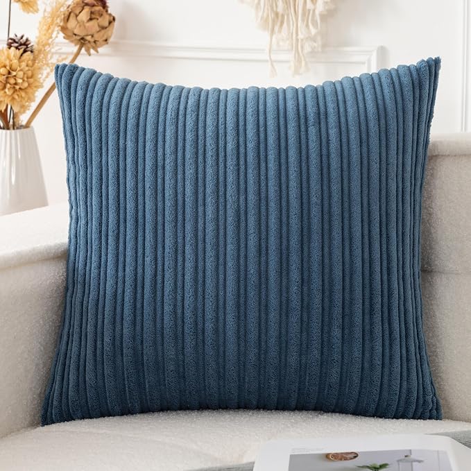 UGASA Velvet 18x18 Inch Soft Throw Pillow Cover Decorative Corduroy Striped Both Sides Solid Square Cushion Case Boho Farmhouse for Couch Bedroom Sofa Home, 1 Piece, Dusty Blue