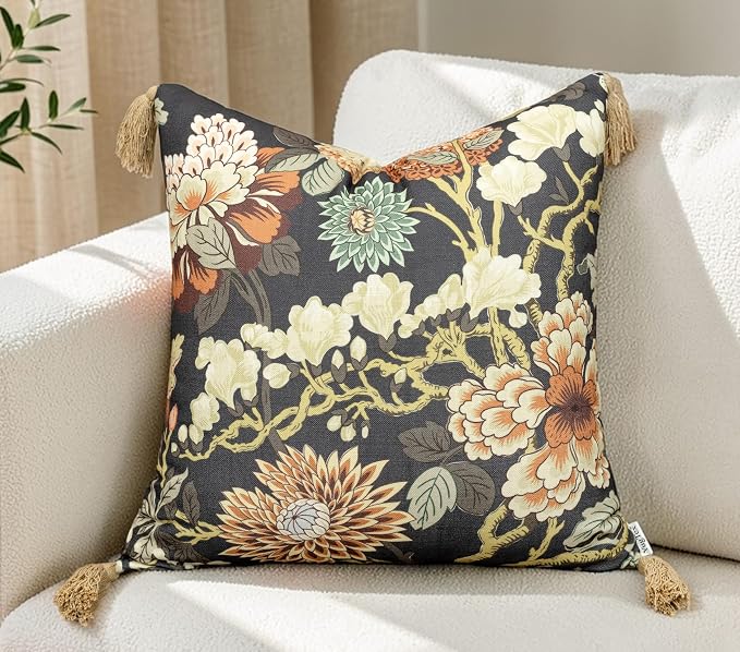 Chinoiserie Peony Floral 20x20 Throw Pillow Cover, Charcoal | Cream and rust peony floral on charcoal slub, tan tassel corners; both sides printed; hi; cover only