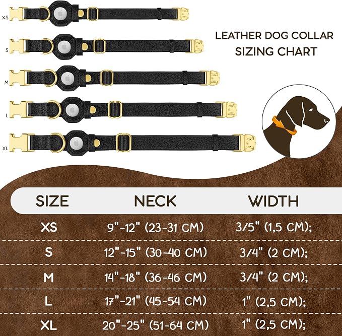 Leather Airtag Dog Collar - Soft Tracking Dog Collar with Apple AirTag Holder and Metal Buckle - Safety GPS Pet Collars for Small Medium Large Dogs Puppy Pink Red (Black, L, 17"-21" Neck Fit)