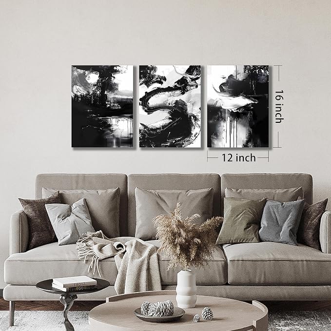 DNIEOTU Abstract Wall Art for Living Room, Black and White Canvas Wall-Decor for Bedroom, Picture Prints, Size 12 x 16 Inches 3-Pieces