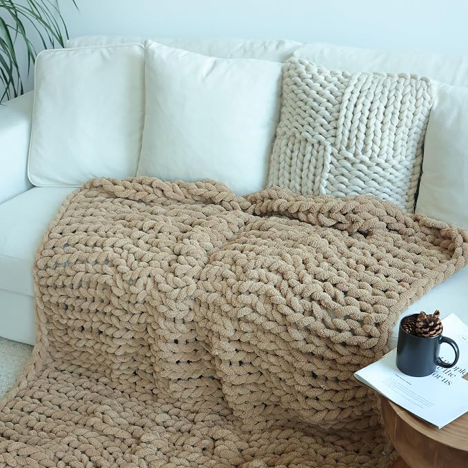 Maetoow Tighter Version Chenille Chunky Knit Blanket Throw,60×80,Khaki