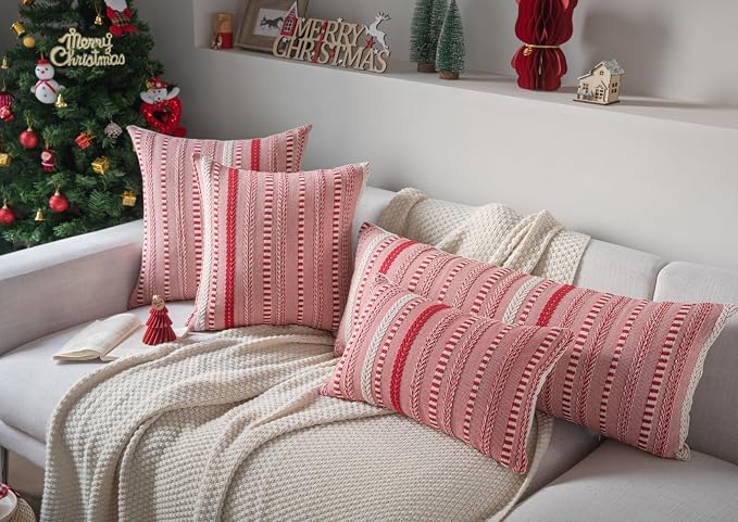 Cethom Christmas Pillow Covers 12x20 Inch Set of 2, Farmhouse Boho Christmas Decorative Couch Pillow Cases, Red Accent Pillows of Bed, Sofa Bedroom Living Room Home Decor Cushion Cover