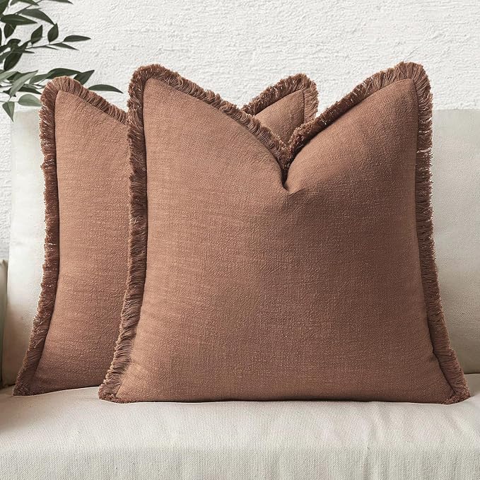 MIULEE Boho Linen Fringe Decorative Fall Throw Pillow Covers Brick 20x20 | Set of 2, Cottagecore Decor, Boho Farmhouse Neutral Pillow Covers, Rustic Fall Couch Cushion Cases for Sofa Bed Living Room
