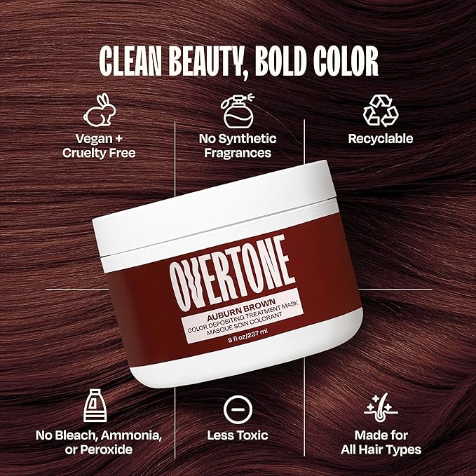 Overtone Semi Permanent Hair Color Conditioner, Auburn Brown, 8 oz, Nourishing, Damage-Free, Color Depositing Mask for All Hair Types with Shea Butter & Coconut Oil, Vegan & Cruelty-Free