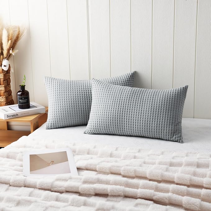 100% Egyptian Cotton 600 TC Waffle Weave Lumbar Pillow Covers 2 Pack | Ultra Soft Breathable Rectangle Throw Pillow Covers, Decorative Cushion Covers for Bed Couch Sofa Car, Gray, 12" x 20"