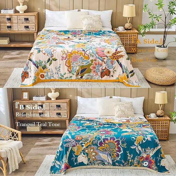 XIBLC Boho Throw Blanket 100% Cotton Vintage Blanket Muslin Woven Flower Decorative Throw Blankets All Season Bohemian Rustic Farmhouse Decor Quilt for Bed (Yellow 60"x80")