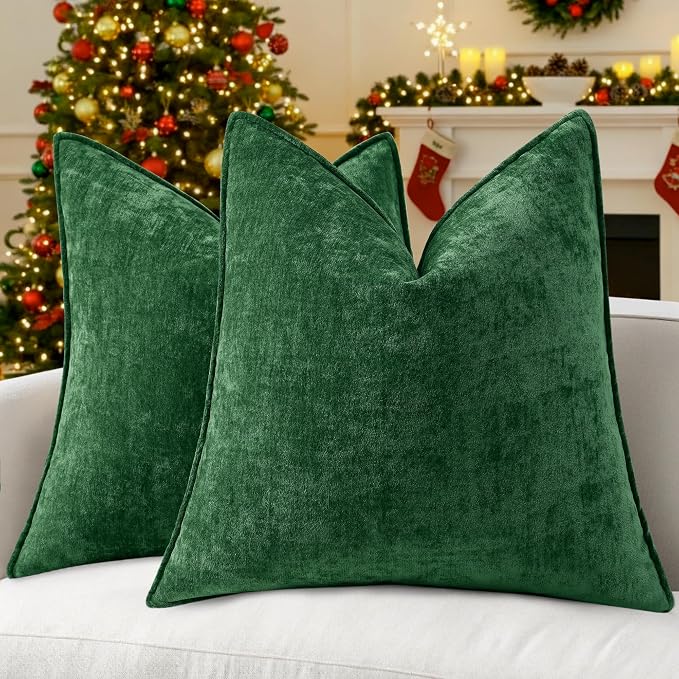 decorUhome Chenille Green Velvet Throw Pillow Covers 18x18 Set of 2 | Fall Soft Couch Decorative Modern Farmhouse Pillow Cases with Elegant Design for Sofa Bed Living Room Home Decor
