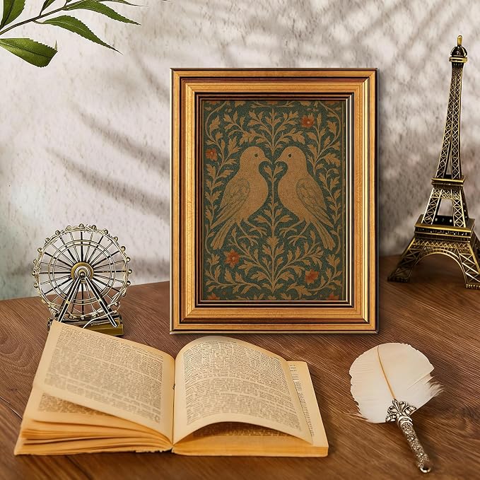 William Morris Gold Framed Wall Art Vintage Love Birds Wall Decor Art | Animals Botanical Pictures Canvas Art Cottagecore Small Framed Prints Artwork for Vanity Bookshelf Entryway Gallery Wall