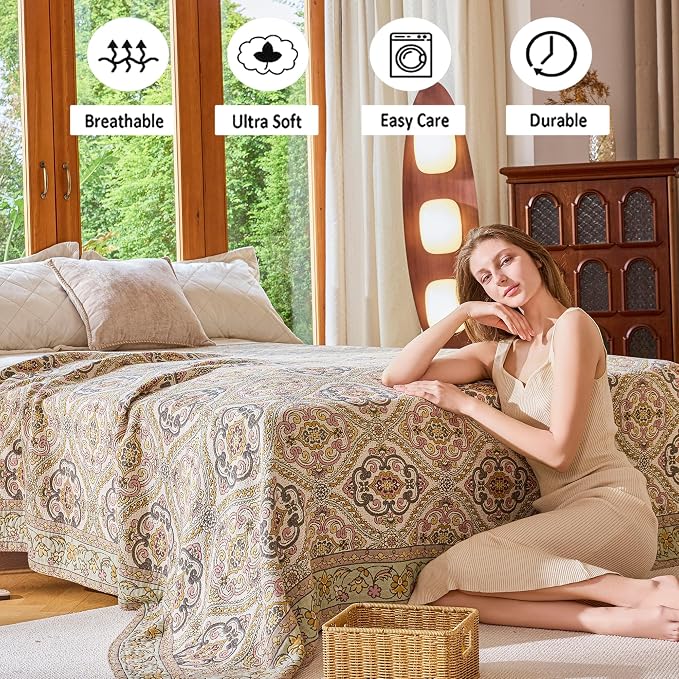 VANJOROY Boho Throw Blanket 80" x 90", 100% Organic Cotton Breathable Skin-Friendly Ultra Soft Bed Quilt Throw - Floral Rustic Decor Luxury Reversible Blanket for Sofa Couch Chair and Gift,