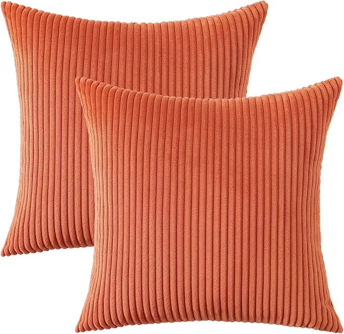 Mecatny Corduroy Fall Decorative Throw Pillow Covers 24x24 Set of 2 Rust | Soft Striped Texture, Hidden Zipper Design, Neutral Boho Square Pillow Cases for Sofa Couch Living Room Bedroom, Home Décor