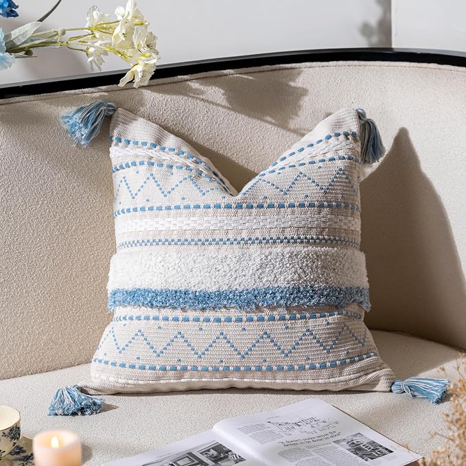 Decorative Throw Pillow Covers 20x20 Combo Set of 2 Square Coastal Blue Boho Accent Pillowcase Tassels Farmhouse Cushion for Couch Sofa Bedroom Living Room Home Décor Cover ONLY