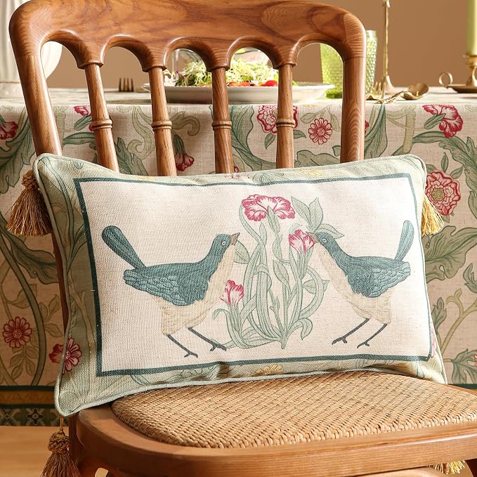 patdrea French Vintage Linen Throw Pillow Cover,12"x20",Set of 2-Cecilia E | Decorative Pillow Case with Zipper,Green Floral Pattern,Cushion Coverfor Couch Living Room Bedroom Sofa