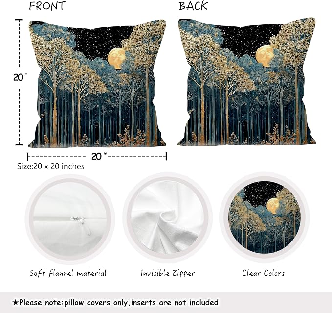 Vintage William Morris Inspired Gold Forest Moon Pillow Covers 18x18 Set of 2,Rustic Black and Gold Botanical Moon Nature Landscape Decorative Throw Pillow Covers for Home Bedroom Living Room