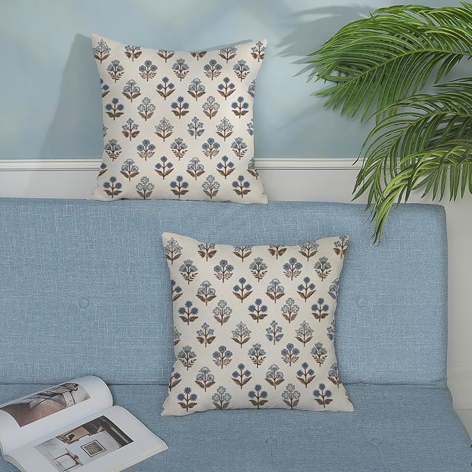 Brown Blue Pillow Covers 22x22 Inch Set of 2 Boho Block Print Floral Throw Pillows Vintage Flower Decorative Pillow Cases Outdoor Linen Farmhouse Cushion Cover for Couch Sofa Bed Decor