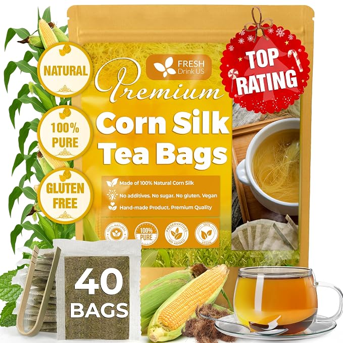 FreshDrinkUS, Premium 40 Tea Bags Corn Silk Tea, 100% Natural & Pure from Corn Silk. Corn Silk Herbal Tea. Clean Ingredients. Made with Natural Material Tea Bags. No Sugar, No Caffeine, Vegan.