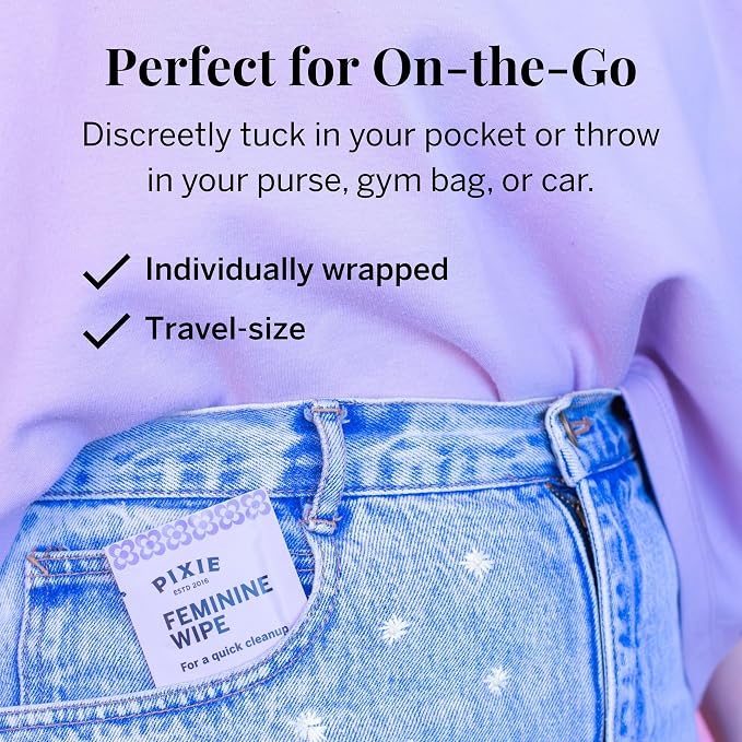 Pixie Feminine Wipes - Flushable, Biodegradable, & Ph Balanced - Individually Wrapped Packet Wipes for On The Go & Public Bathrooms - Wash & Cleaner For Your Menstrual Cups & Discs (1 Pack of 10)