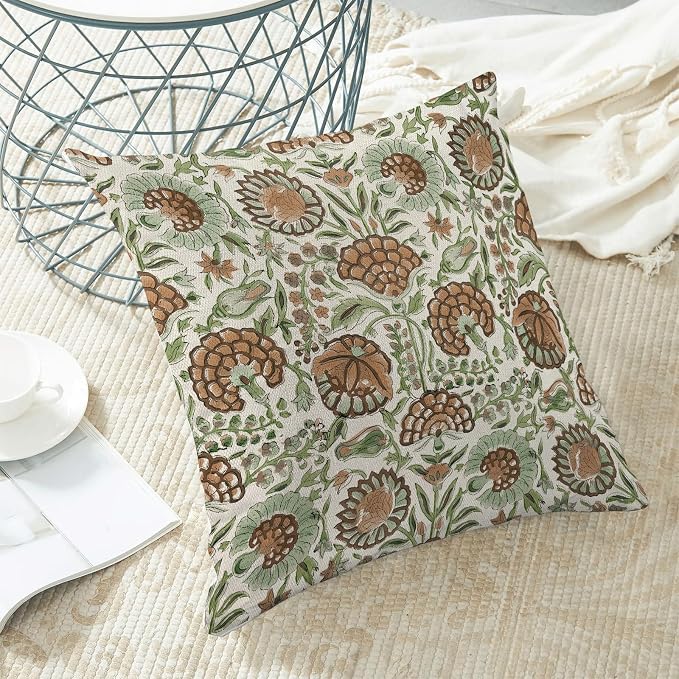 Block Print Pillow Covers 18x18 Inch Pack of 2 Boho Brown Green Floral Decor Throw Pillow Covers Spring Summer Flower Pillowcase Outdoor Farmhouse Decorative Cushion Cover for Couch Sofa