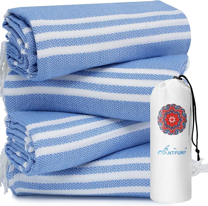 4 Pack Turkish Beach Towels Vacation Essentials with Bag Quick Dry Sand Free Soft Absorbent Adult Bath Pool Swim Long Wide Stripe Towel Cloud Linen Sandfree Mat Summer Thing Lightweight Travel Blue