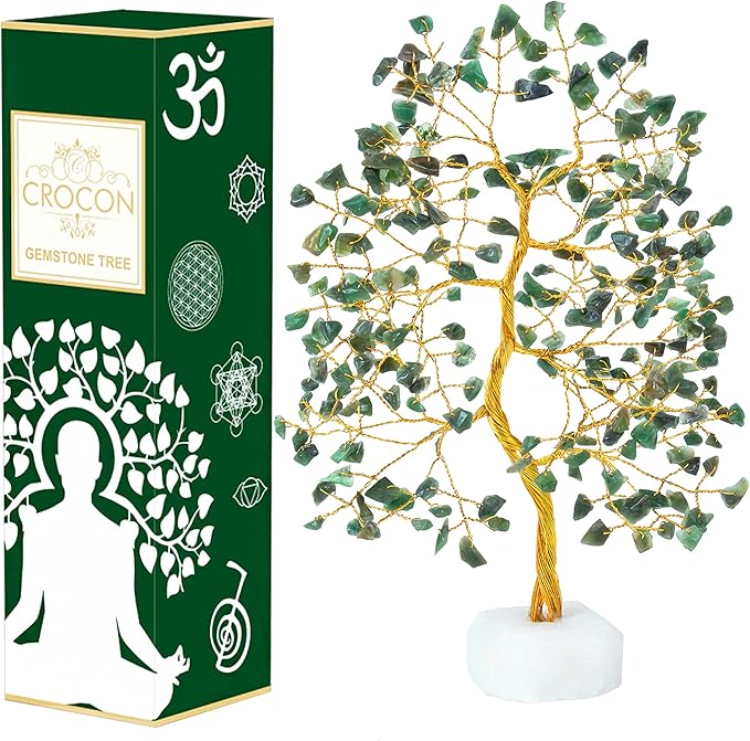 Crocon Green Aventurine Crystal Tree of Life Natural Quartz Base Chakra Handmade Gemstone Feng Shui Decor, Money Tree Bonsai Decoration Healing Crystal Spiritual Gift