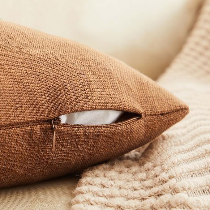 Rustic Linen Throw Pillow Covers Set of 2, Caramel 24x24in | Textured Pillow Case, Rustic Cotton Linen Fabric, Modern Farmhouse Cushion Covers for Sofa Bed Living Room Home Decor