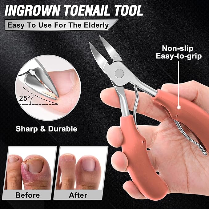 Toenail Clippers for Seniors Thick Toenails, Aucurwen Heavy Duty Toe Nail Clippers Adult Thick Nails Long Handle, Large Toenail Clippers for Thick Nails 7Pcs(Pink)