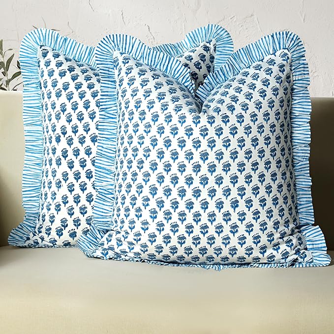 CPC Block Print Ruffle Throw Cover Apatite Blue 16"x16" Inch Pack of 2-100% Cotton Ruffle Couch Decorative Boho Pillows Case for Living Room, Bedroom, Sofa, Farmhouse Gift for Spring, Mother's Day