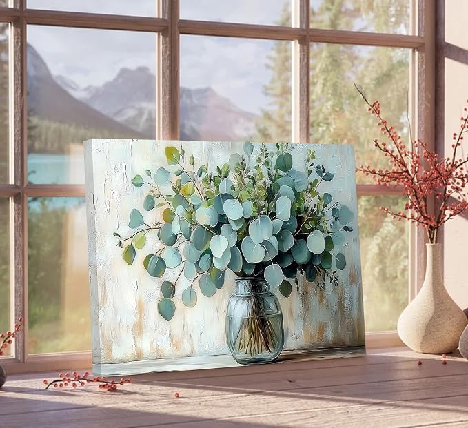 Eucalyptus Flower Vase Canvas Wall Art Sage Green Canvas With Plants Wall Decor Farmhouse Vintage Green Plants Poster Print Artwork for Bathroom Living room Bedroom Home Decoration