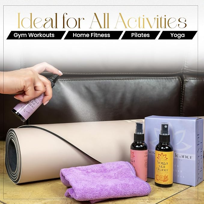 Combat Cleaner Yoga Mat Cleaner Spray Kit (Pack of 3) Includes a Microfiber Towel, Restores and Refreshes Yoga Mats (Lavender, Fresh Roses, Energy Citrus)