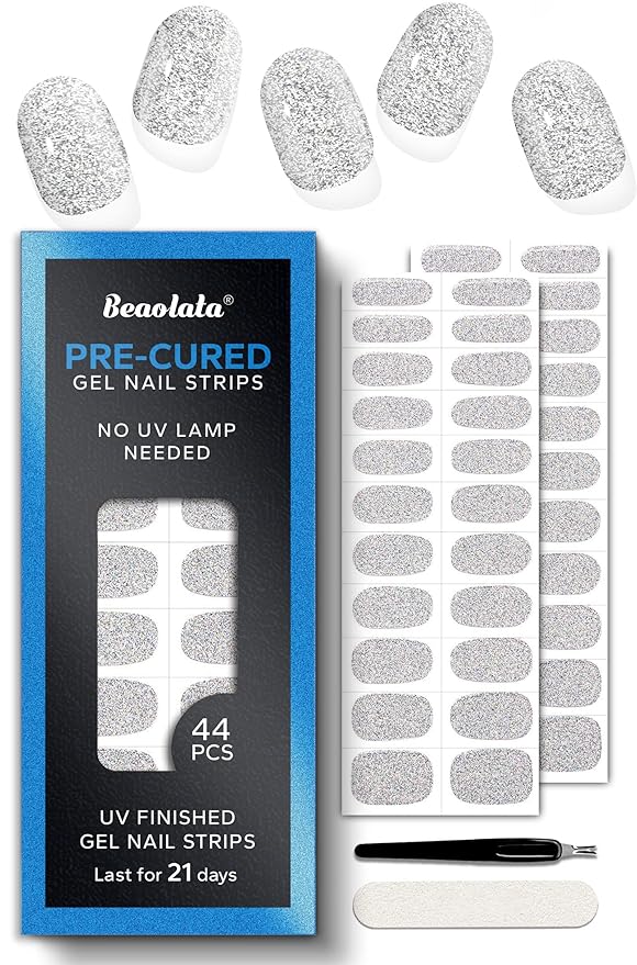 Real Gel Nail Strips (No UV Light Needed) - 44Pcs Salon Quality Nail Stickers - Long Lasting Polish Wraps for Women, Easy Apply & Remove (Ethereal Silver)