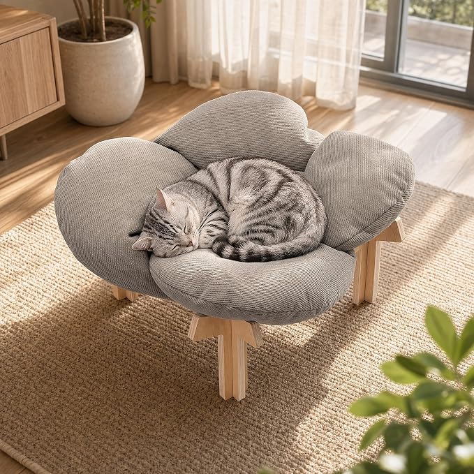 JUNSPOW Elevated Cat Bed with Wooden Stand, Holds Up to 40lbs with Ease | Removable Soft Cushion for Kitty And Puppy, Suitable and Comfortable Pet Bed for Indoor & Outdoor Cats