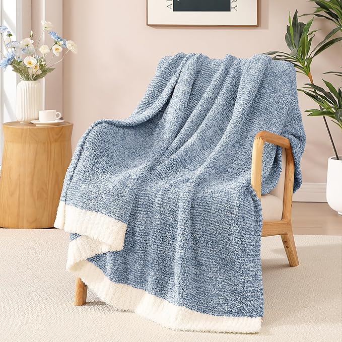 Soft Throw Blanket for Couch-Cozy Reversible Knitted Blankets | Lightweight Warm Fluffy Decor for Women, Mom, Her & Girls, Sofa, Chair, Bed, 50x70in, Cationic Dyeing Blue